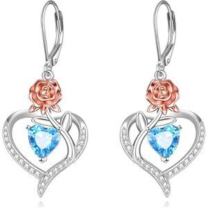 Sterling Silver Rose Heart Dangle Earrings Light Blue Crystal NWTs